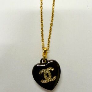 Upcycled Chanel Black and Gold Heart Pendant Necklace with Rhinestones